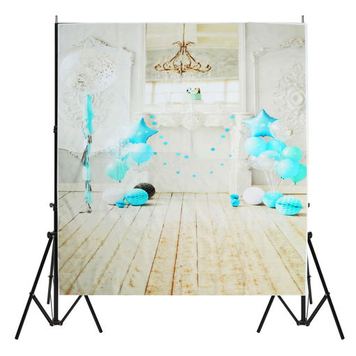 Immagine di 5x7FT Vinyl Blue Balloon Fireplace Wood Floor Backdrop Background Studio Prop