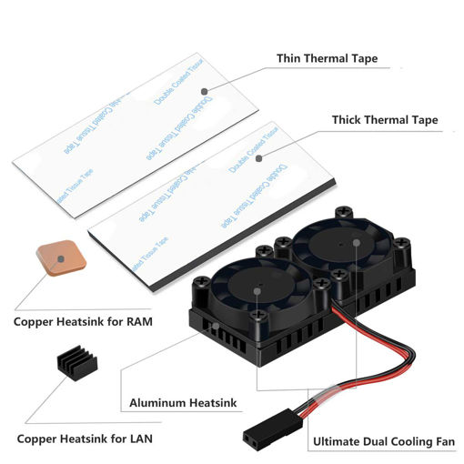 Immagine di Ultimate Dual Cooling Fan +  Aluminum Heatsink + Copper Heatsink + Thermal Tape Kit For Raspberry Pi 3B+ /3B/2B/B+