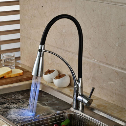 Picture of LED Kitchen Sink Faucet Black Chrome Plated Cold Hot Pull Out Spray Faucet Mixer Taps