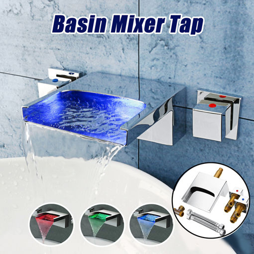Immagine di LED Waterfall Bathroom Basin Faucet Mixer Taps Wall Mounted Handheld Tub Filler Shower Dual Handles