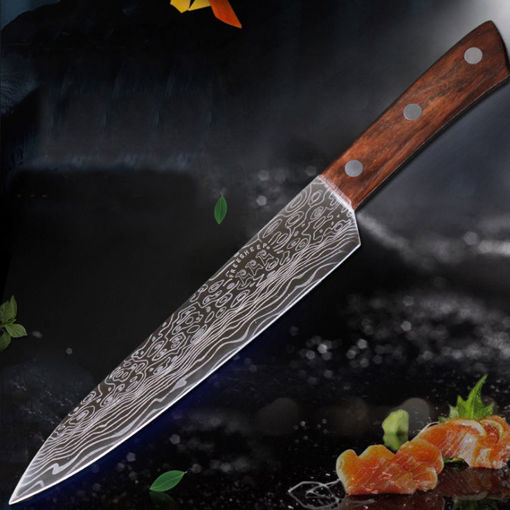 Picture of 9 Inch Damascus High Chrome Stainless Steel Knife Large Wave Pattern Color Wood Handle