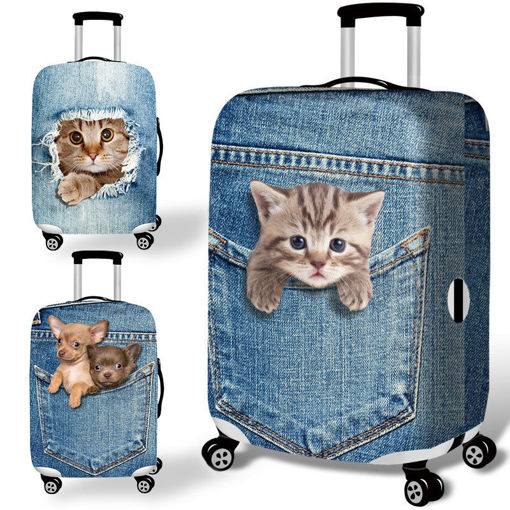 Picture of Honana Denim 3D Cute Cat Dog Elastic Luggage Cover Trolley Case Cover Warm Travel Suitcase Protector