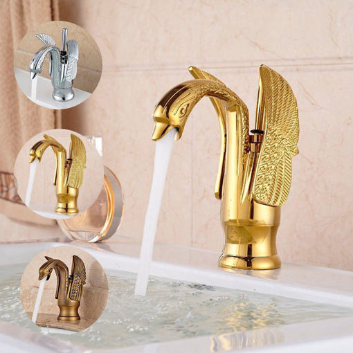 Picture of Luxury Gold Swan Bathroom Basin Mixer Tap Faucet Single Lever Hot and Cold Spout