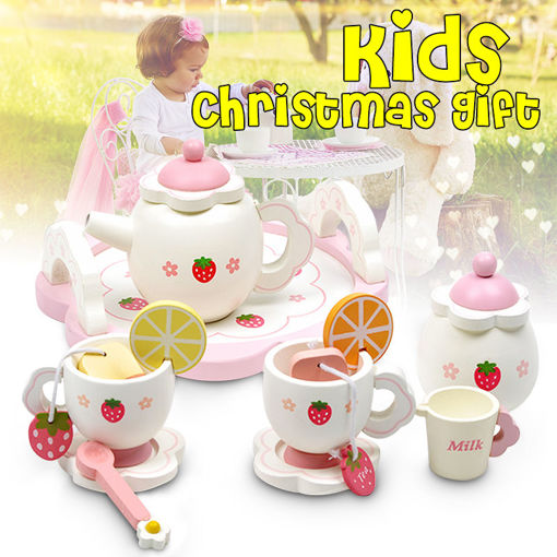 Immagine di Kid Wooden Kitchen Pretend Play Toys Tea Kit Ice Cream Cooking Puzzle Clock Gift