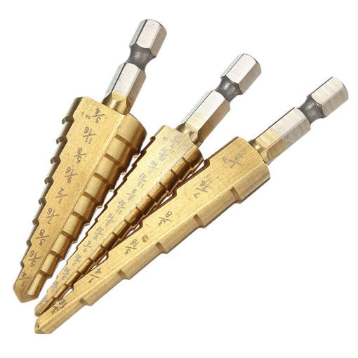 Picture of 3pcs Titanium Coated Step Drill Bit Quick Change 1/4 Inch Hex Shank