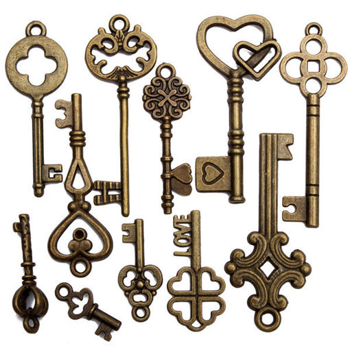 Immagine di 11Pcs Antique Vintage Old Look Skeleton Key Set Pendant Heart Bow Steampunk Lock