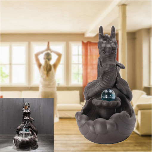 Picture of Porcelain Dragon Backflow Incense Burner Ceramic Censer Cone Holder With Glass Ball