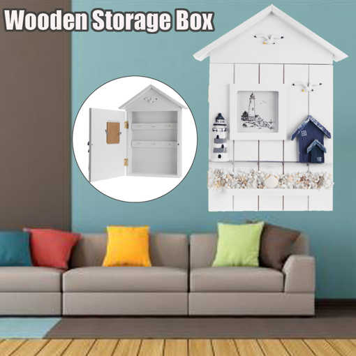 Immagine di Wooden Storage Box Rack Cabinet Keys Security Case Shabby Chic Lighthouse Wall Mounted Holder