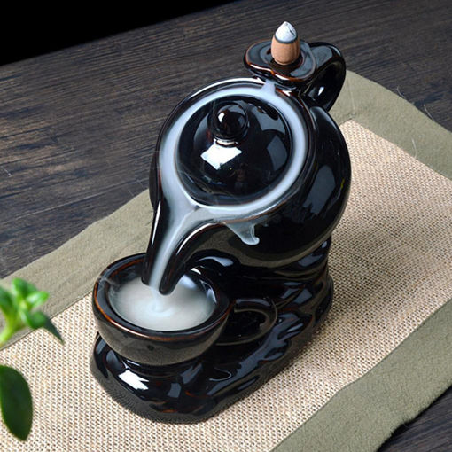 Picture of Black Ceramic Teapot Incense Burner Backflow Censer Holder Buddhist Blessing + 10 Cones