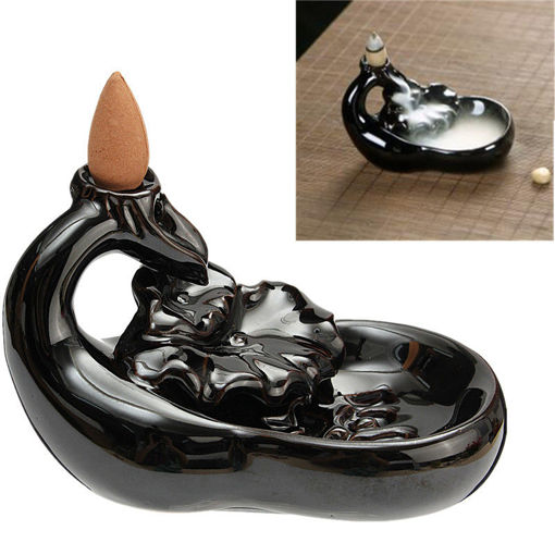 Immagine di Black Porcelain Backflow Incense Cone Burner Holder Ceramic Lotus Pond Smoke Backflow Fragrant Cense