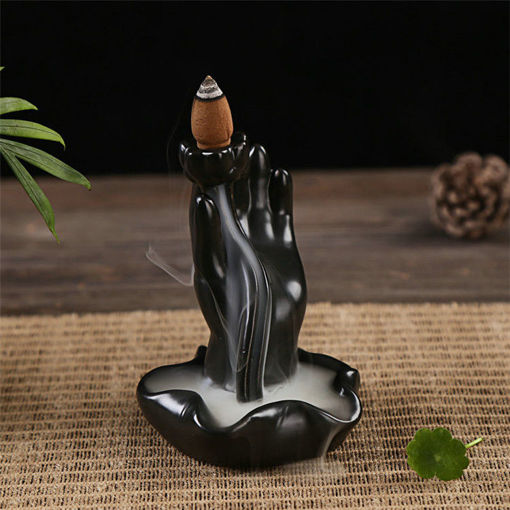 Immagine di Buddha Backflow Incense Cone Burner Holder Ceramic Hand Lotus Buddhist Fragrant Home Censer Decor