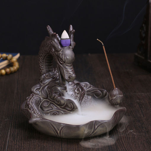 Picture of Ceramic Backflow Incense Cone Burner Stick Holder Dragon Lotus Pond Fragrance Fragrant Censer Decor