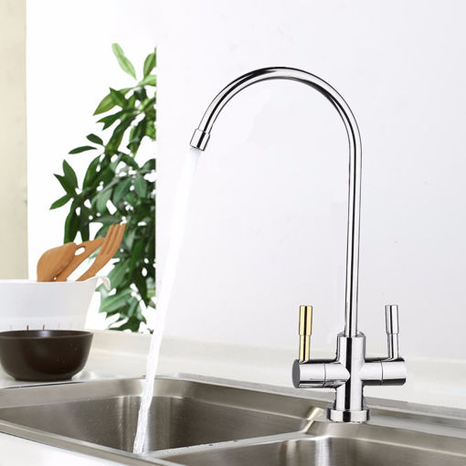 Immagine di 1/4'' Double Holes Chrome RO Reverse Osmosis Kitchen Sink Drinking Water Filter Neck Faucet