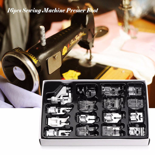 Picture of 16Pcs Domestic Sewing Machine Presser Foot Feet Kit Set Hem Foot Spare Parts Accessories With Box