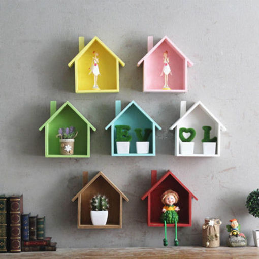 Immagine di Wooden House Shelving Display Unit Wall Hanging Kitchen Storage Rack Box Home Decoration