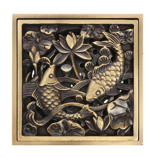 Immagine di Antique Brass Bathroom Floor Drain Square Shower Waste Water Strainer Fishes Art